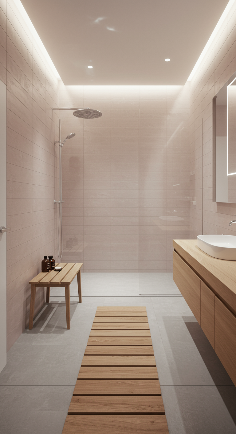 Großzügige Dusche mit rosa Fliesen, Holzbank und schwebendem Waschtisch.