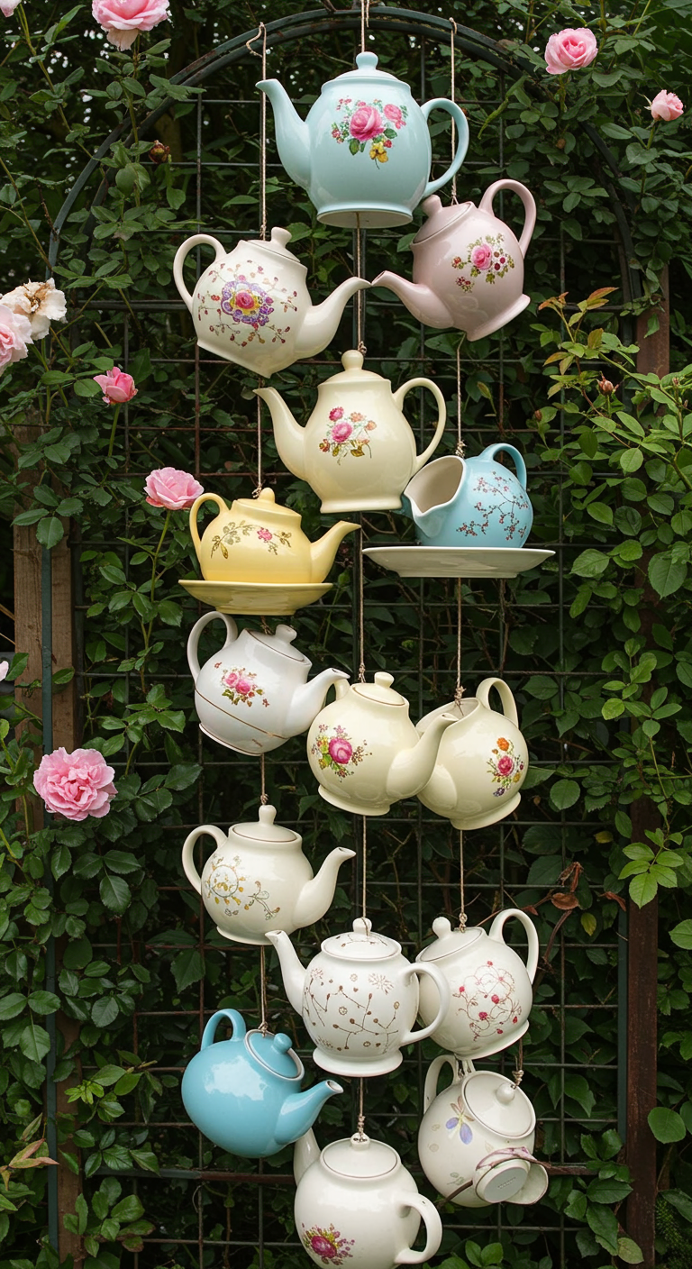 Kreative Hänge-Dekoration aus alten Teekannen mit Blumenmustern an einem Spalier im Garten.