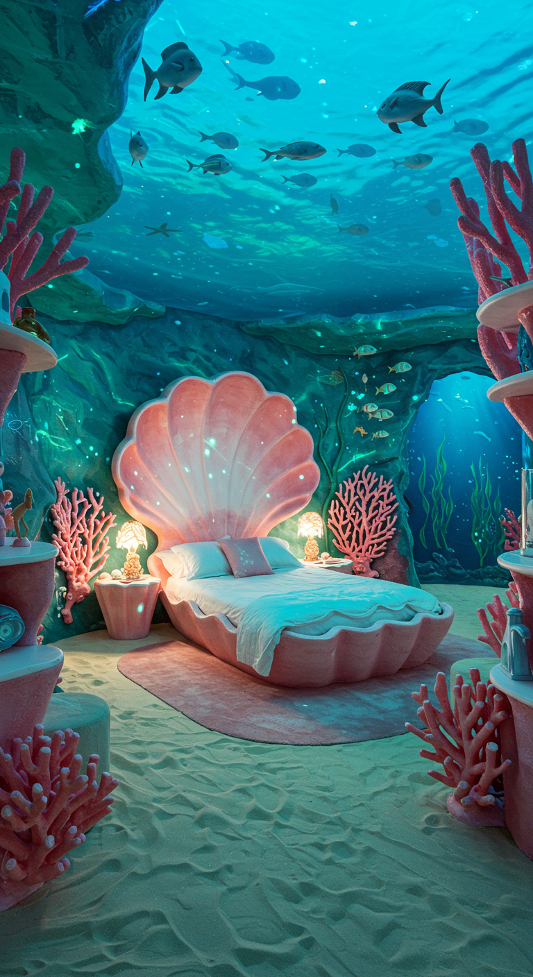 Unterwasser-Kinderzimmer mit Muschelbett und Korallendekoration.