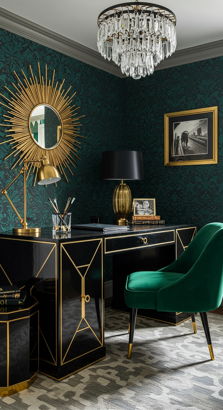 Luxuriöses Home-Office im Art-Déco-Stil mit Goldakzenten und grünem Samtstuhl.