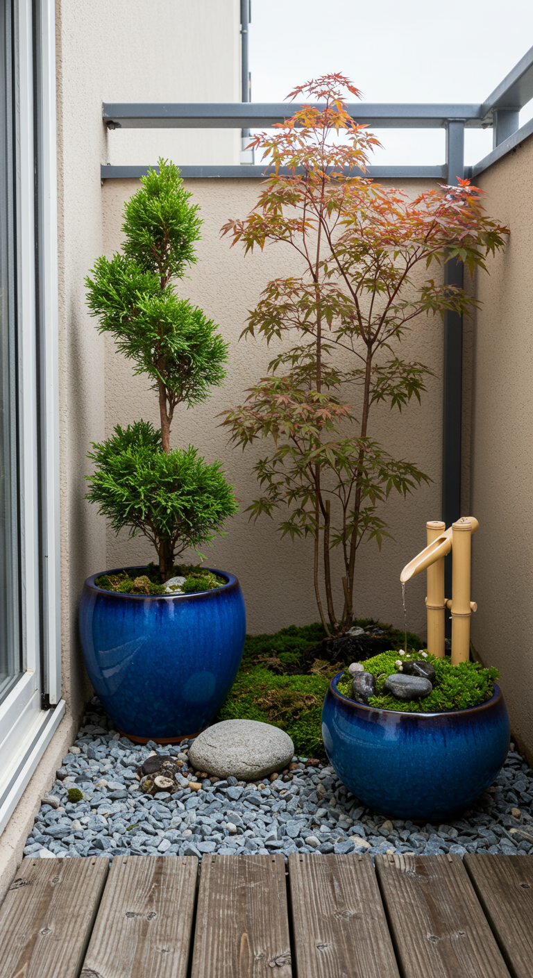 Japanisch gestalteter Balkon mit Bäumen in blauen Töpfen, Kies und Mini-Wasserspiel.