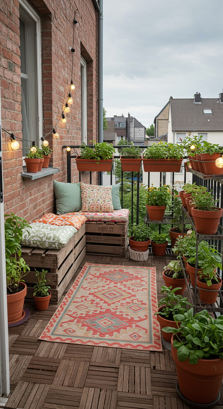 Balkon mit DIY-Holzkisten-Sitzbank und vielen Kräutertöpfen.