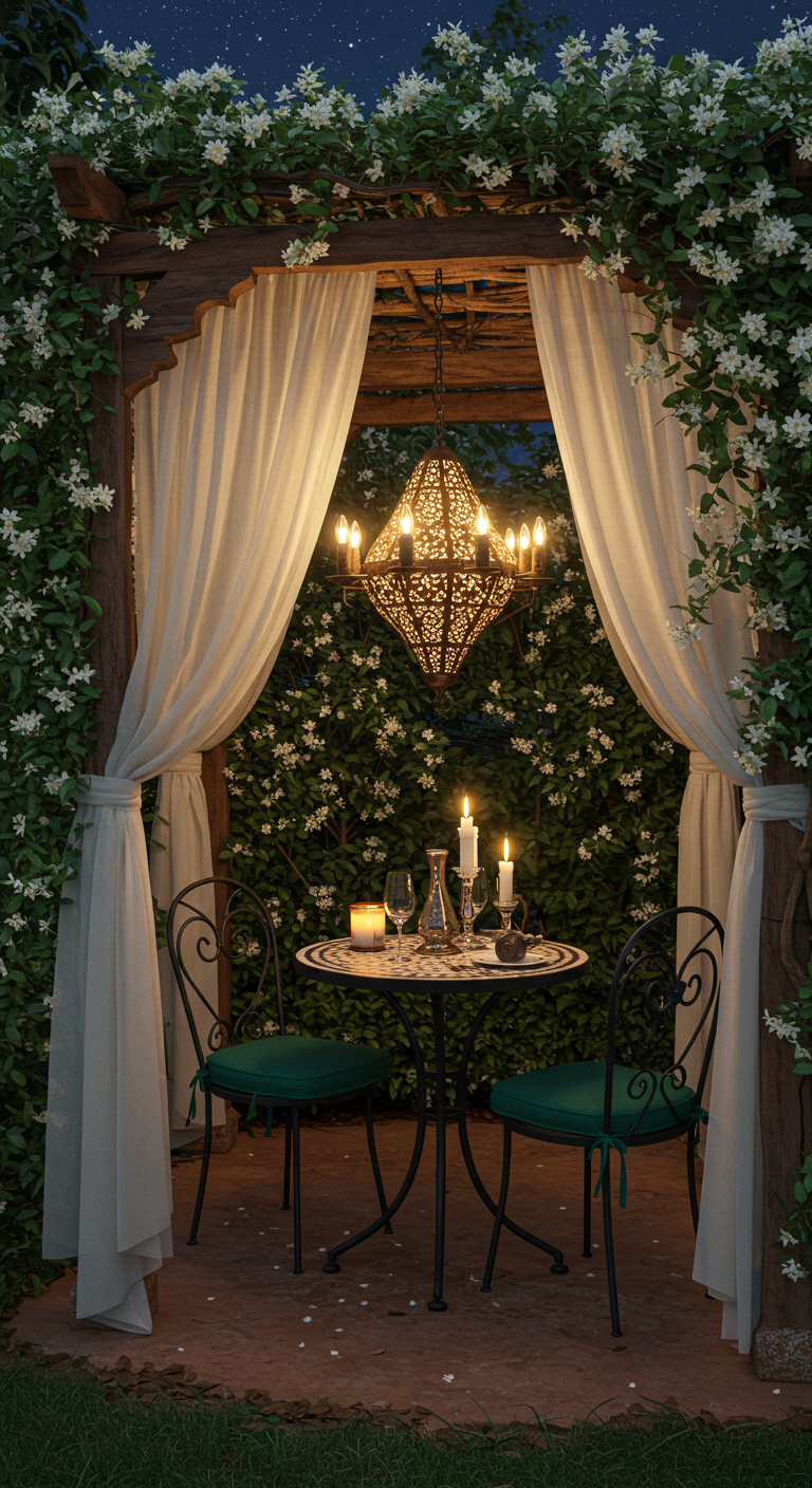 Romantischer Pavillon mit Tisch für zwei, umrankt von weißen Blüten.