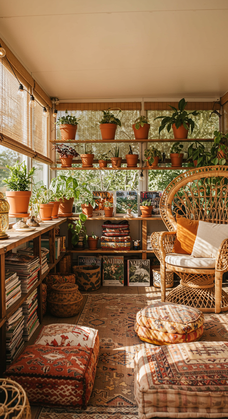 Boho-Sonnenzimmer mit vielen Pflanzen auf Holzregalen und Rattanmöbeln.