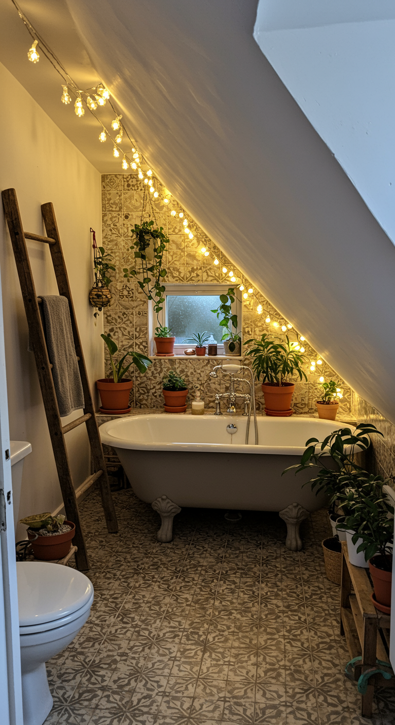 Boho-Badezimmer unter Dachschräge mit freistehender Wanne, Lichterkette und vielen Pflanzen.