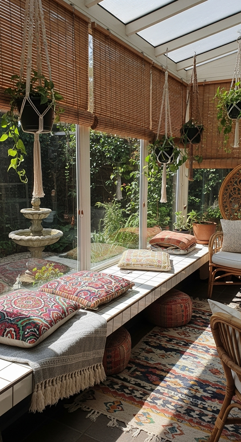 Geflieste Fensterbank im Boho-Stil mit bunten Kissen und Hängepflanzen.