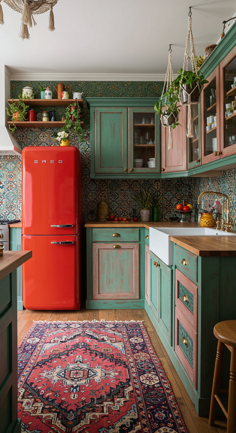 Bunte Boho-Küche mit rotem Kühlschrank und vielen Pflanzen.
