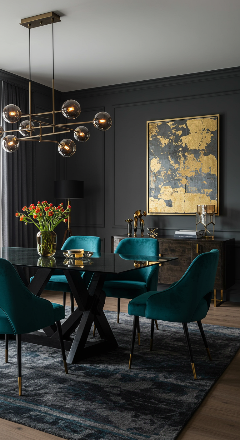 Dunkles Esszimmer mit petrolfarbenen Samtstühlen, Gold-Kunstwerk und modernem Kronleuchter.