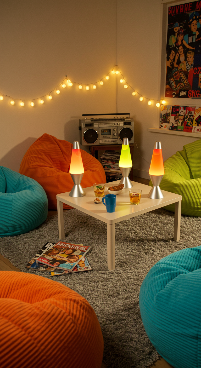 Gemütliche Ecke mit bunten Sitzsäcken, Lavalampen und einem Ghettoblaster.