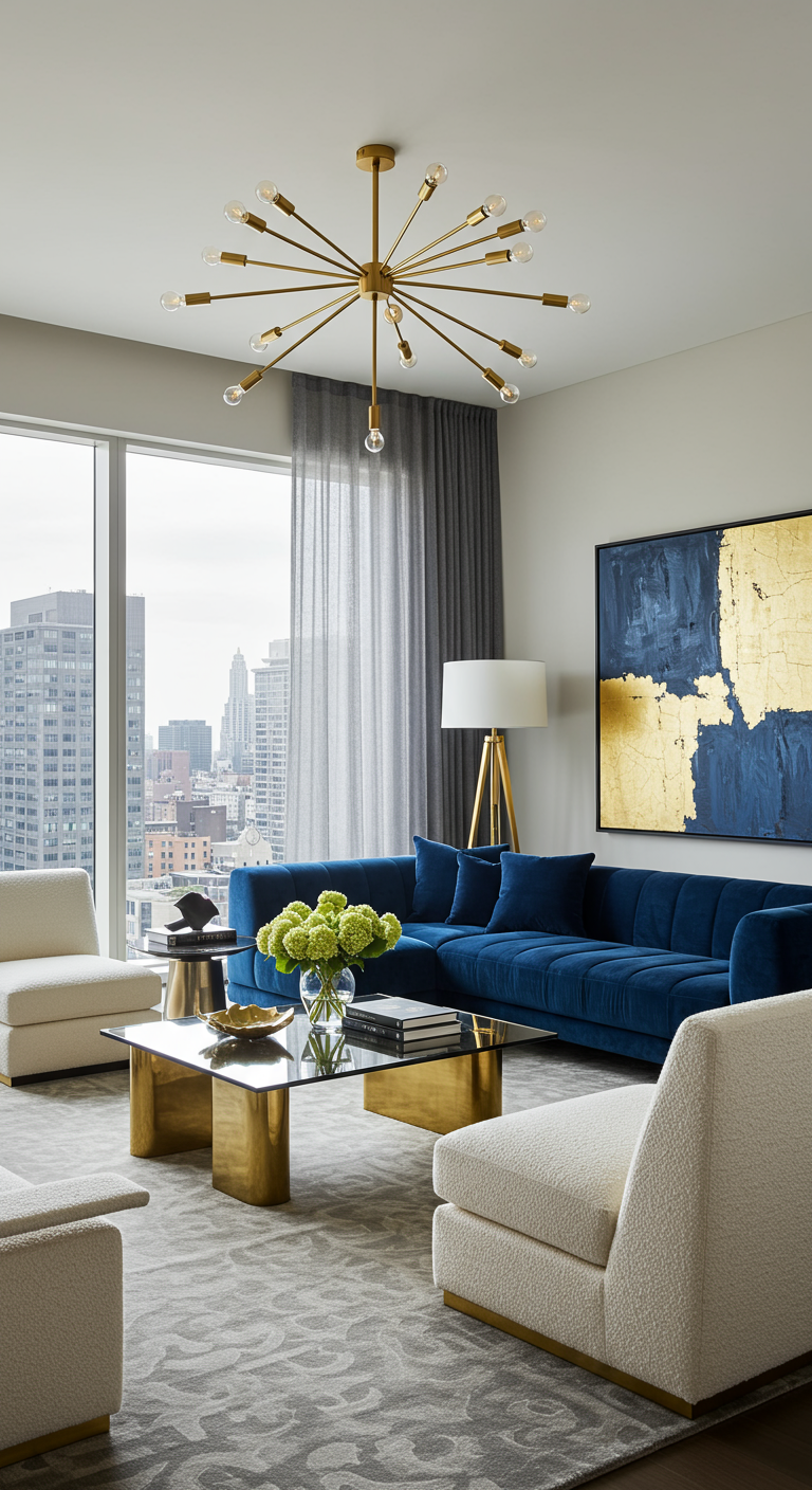 Modernes Luxus-Wohnzimmer mit blauem Samtsofa und goldenem Sputnik-Kronleuchter.
