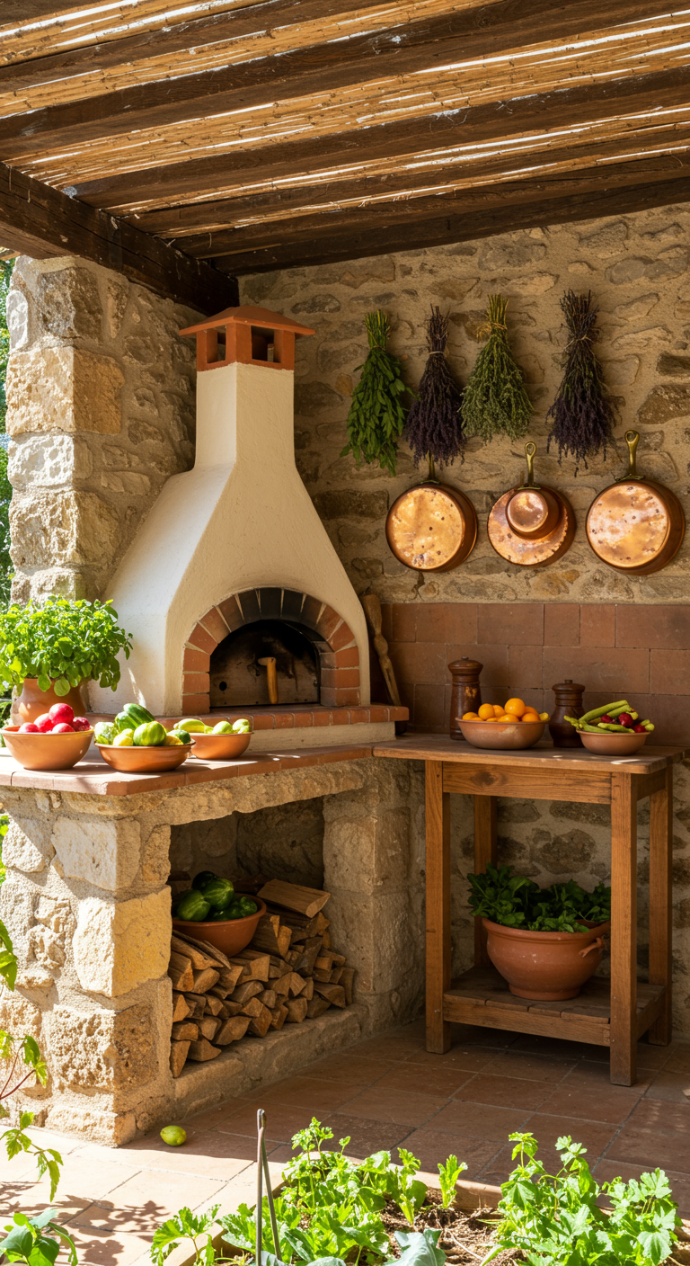 Rustikale Außenküche mit gemauertem Pizzaofen, Kräutern, Kupferpfannen und Terrakotta-Schalen.