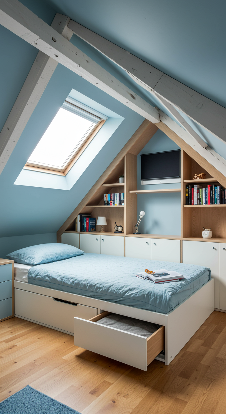 Gemütliches Dachschrägenzimmer mit Einbauschränken und Bett mit Schubladen.