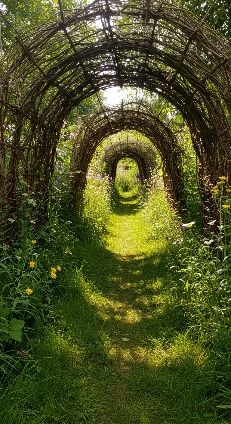 Ein langer Tunnel aus geflochtenen Weidenruten über einem Grasweg.