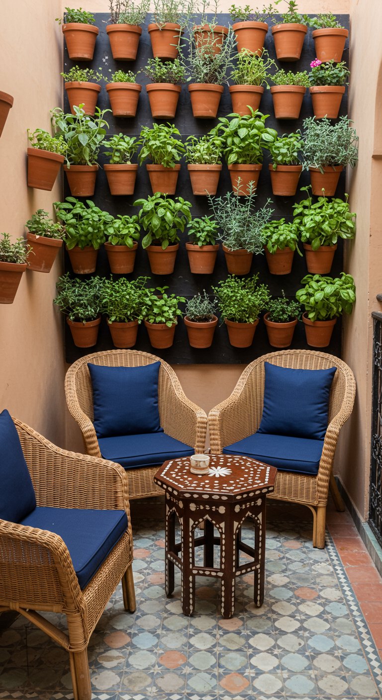 Marokkanischer Balkon mit vertikalem Kräutergarten und Korbmöbeln.