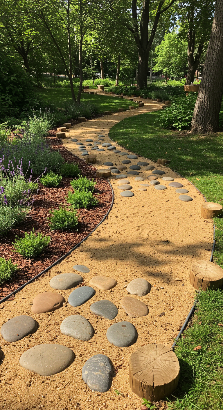 Geschwungener Gartenpfad mit Trittsteinen und Baumscheiben in Sand, von Pflanzen gesäumt.