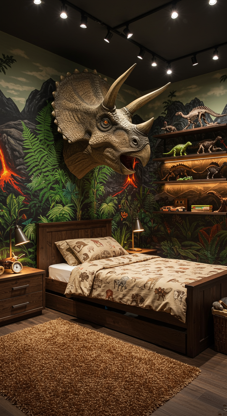 Kinderzimmer mit Dinosaurier-Motto und großem 3D-Dinokopf.