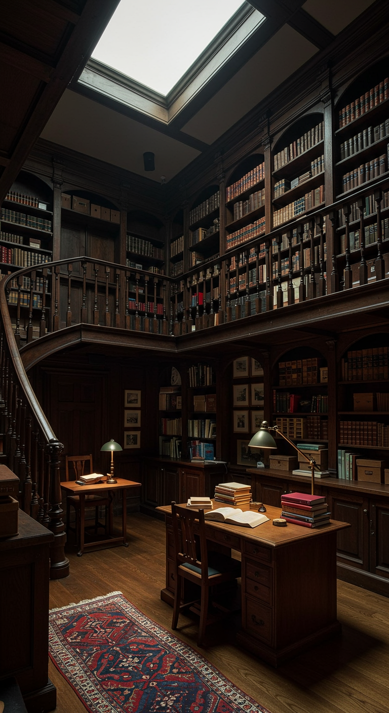 Große Bibliothek mit dunklen Holzregalen, Oberlicht und zwei Schreibtischen.