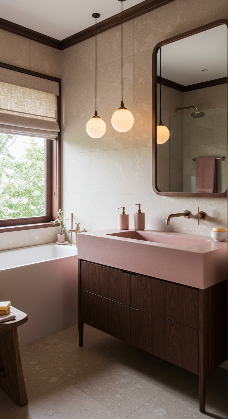 Elegantes Bad mit dunklem Holzwaschtisch, rosa Waschbecken und runden Hängeleuchten.