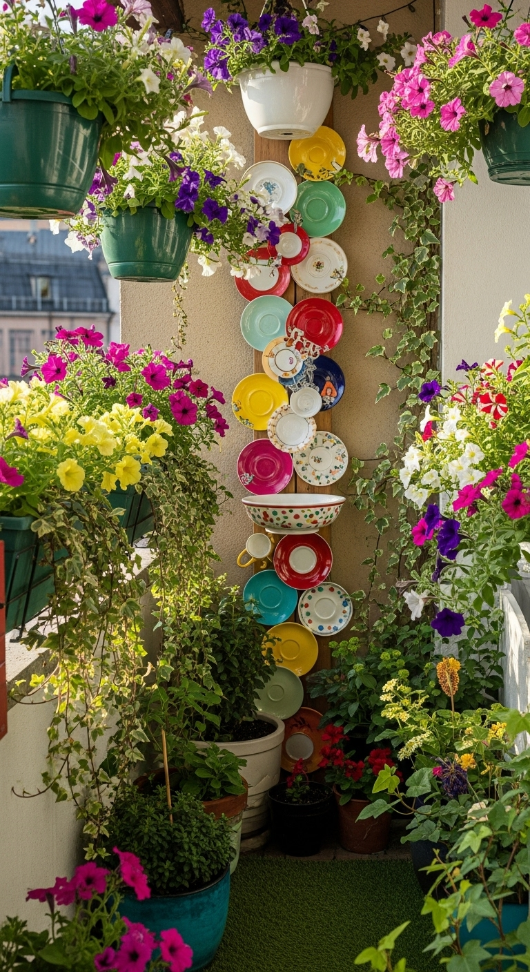 Bunte Teller und Tassen an einem Pfosten auf einem Balkon voller Blumen.