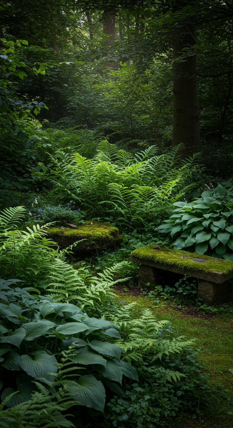 Üppige grüne Farne und Funkien in einer schattigen, waldähnlichen Gartenecke mit moosbewachsenen Steinen.
