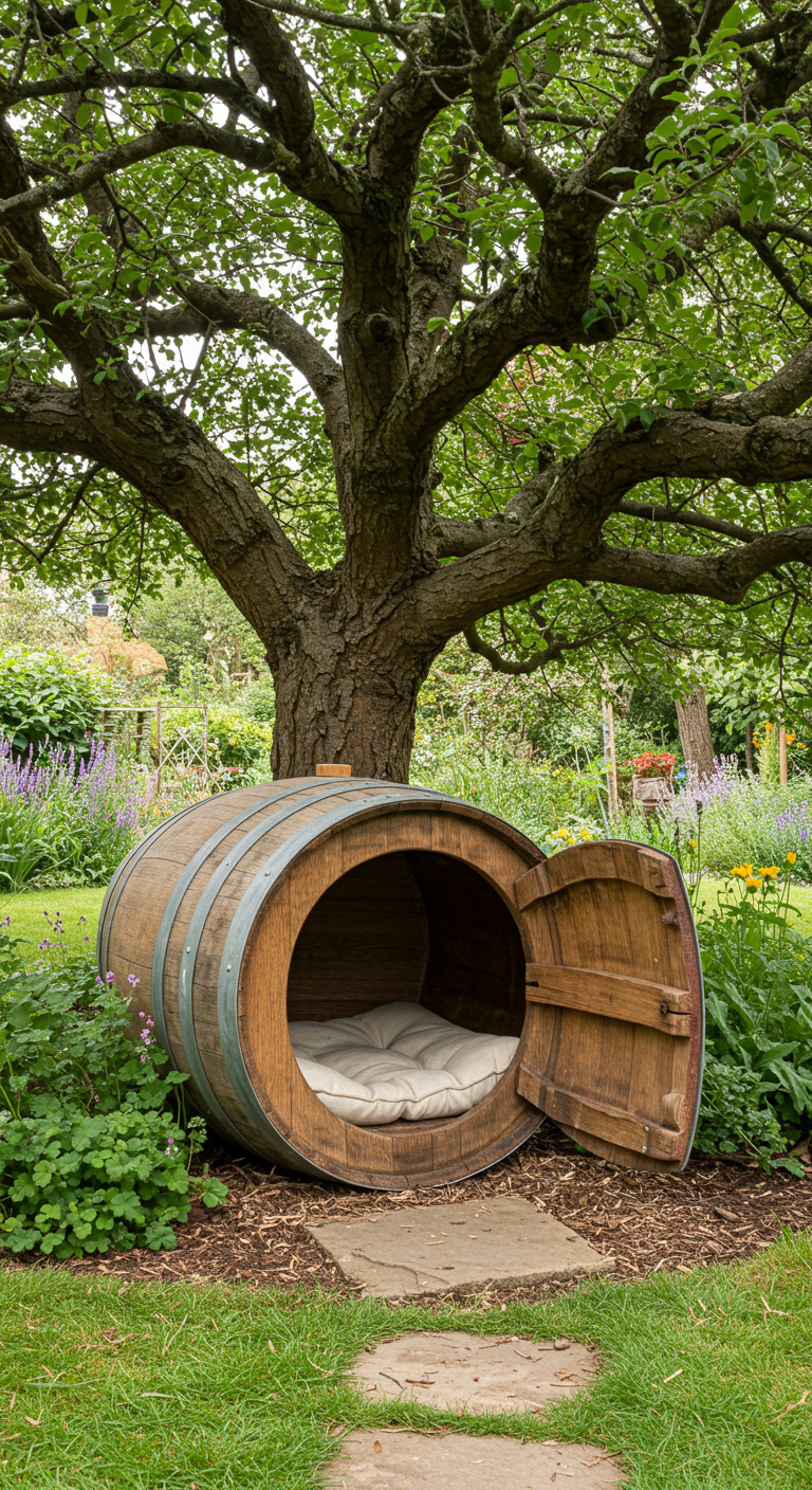 Altes Weinfass umfunktioniert als gemütlicher Hundeschlafplatz im Garten.