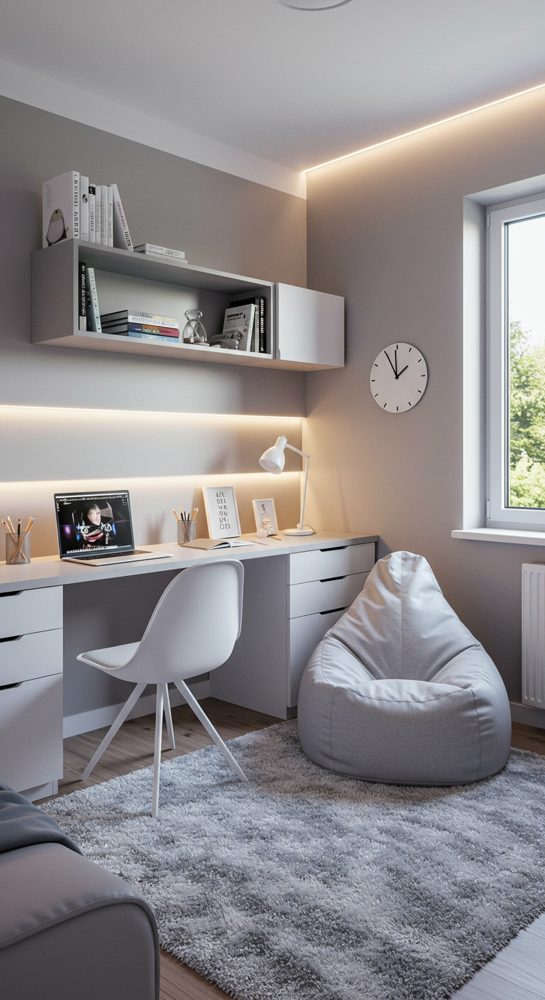 Modernes Jugendzimmer in Grautönen mit organisiertem Schreibtisch und Sitzsack.