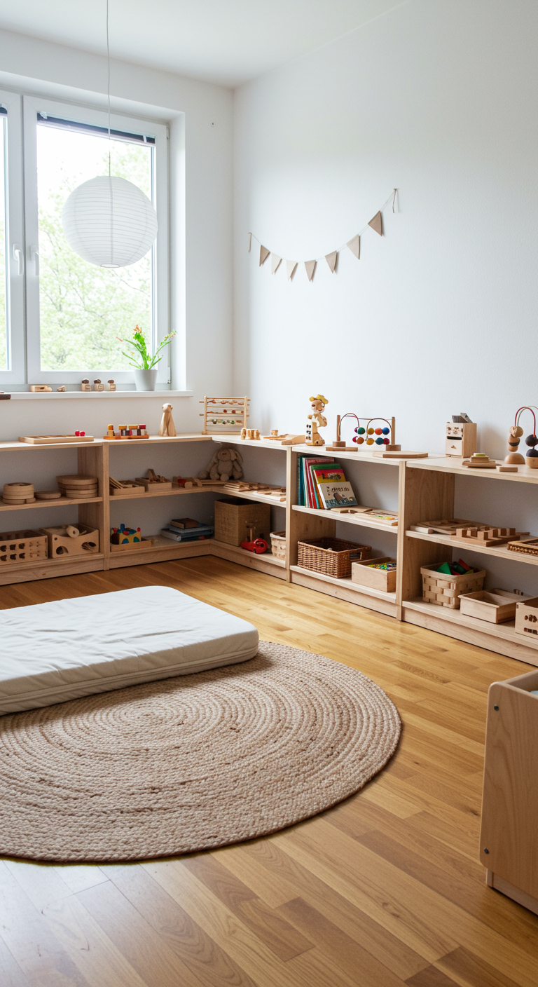 Montessori-Kinderzimmer mit Bodenbett, niedrigen offenen Regalen voller Holzspielzeug und Jute-Teppich.