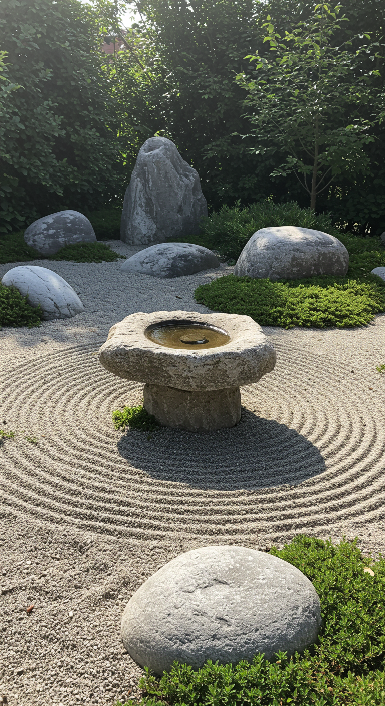 Moderner Zen-Garten mit quadratischem Vogelbad und rahmenförmigem Kiesmuster