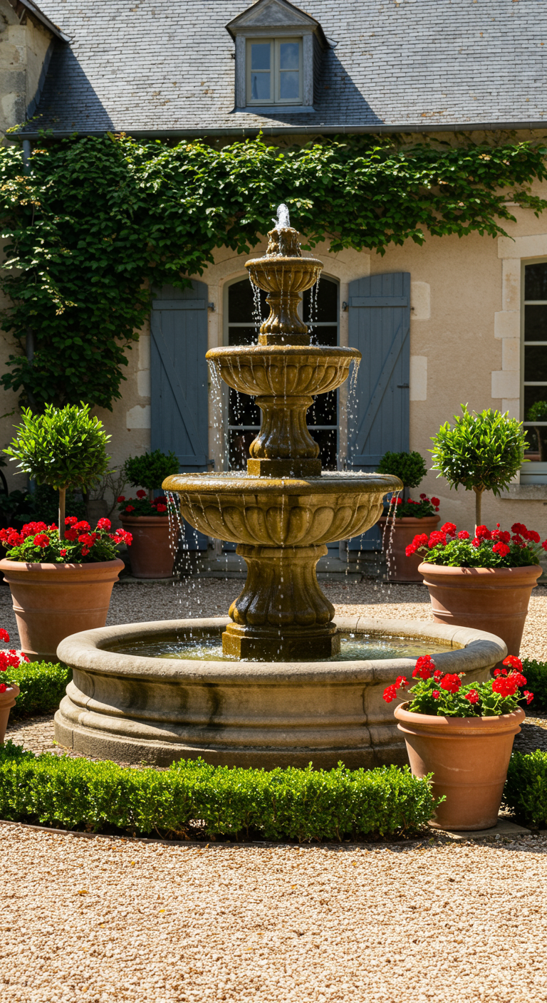 Rote Geranien in Terrakotta-Töpfen um einen dreistufigen Steinbrunnen in einem Innenhof.
