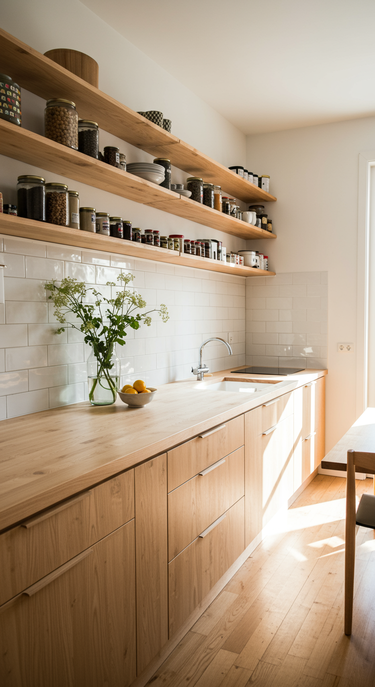 Holzküche mit langen offenen Regalen voller Gewürzgläser und Blumen.