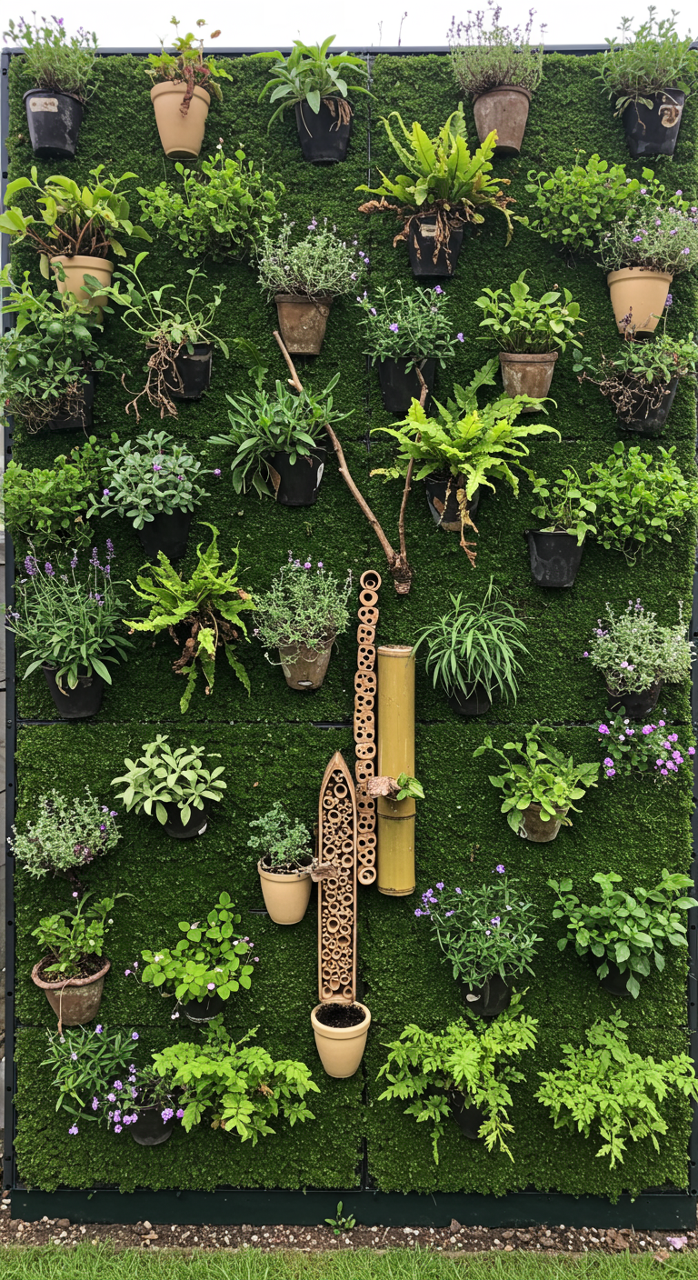 Vertikale Gartenwand mit Moos, Topfpflanzen und integrierten Insektenhotels.