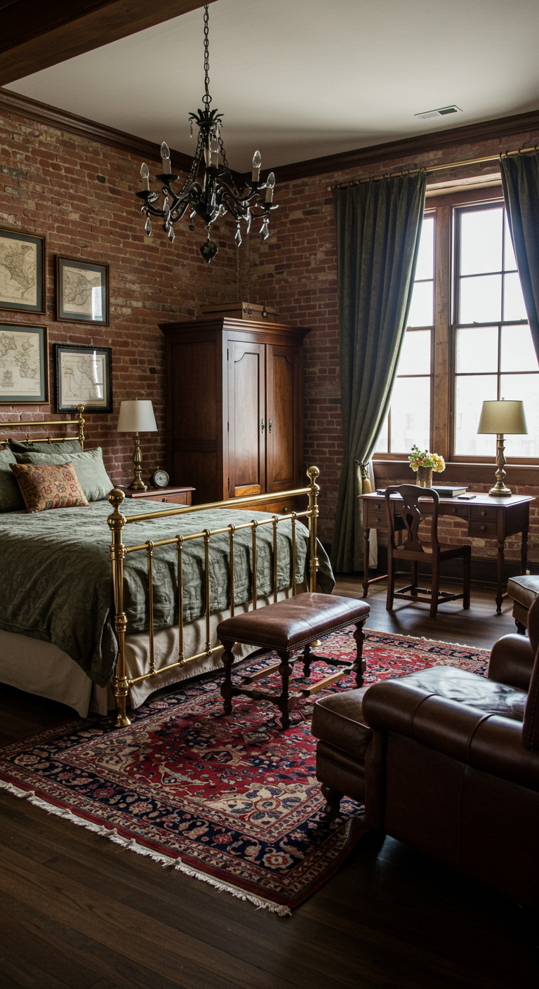 Schlafzimmer mit Backsteinwand, Messingbett, antiken Möbeln und Orientteppich.