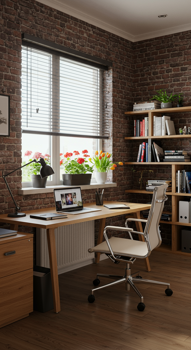 Home-Office mit dunkler Backsteinwand, Holzschreibtisch am Fenster und Tulpen.