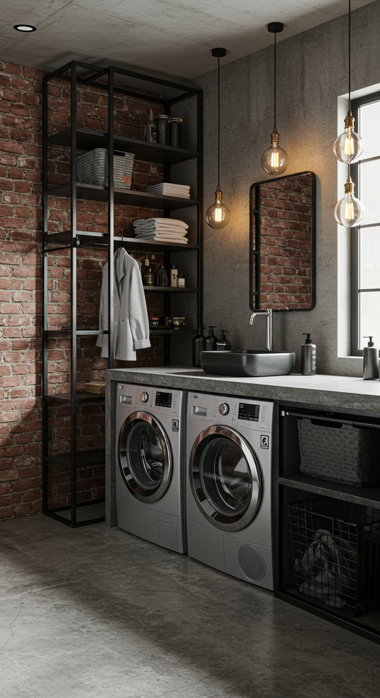 Bad im Industrial-Stil mit zwei Waschmaschinen, Backsteinwand und Metallregalen.