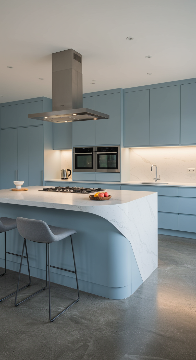 Moderne Küche in Hellblau mit geschwungener Kücheninsel aus Marmor.