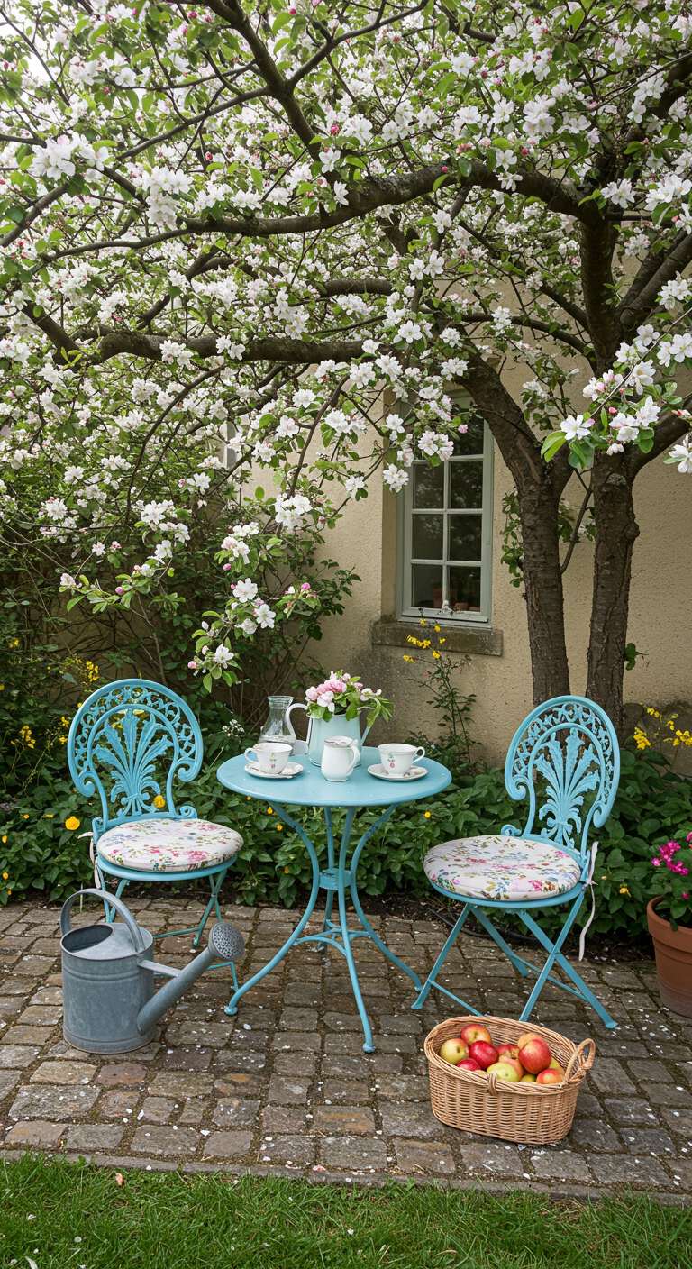 Türkises Bistro-Set mit geblümten Kissen unter einem blühenden Apfelbaum.