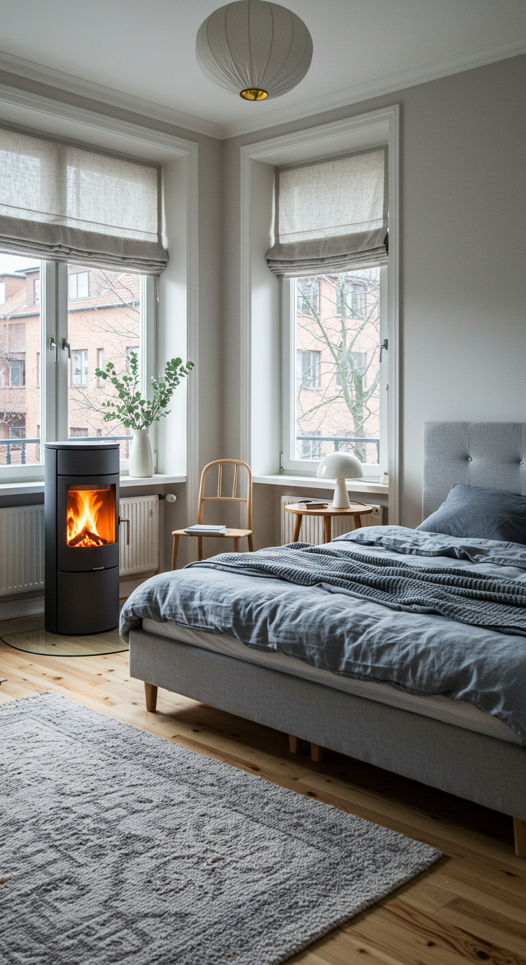 Modernes skandinavisches Schlafzimmer mit Kamin und grauen Akzenten.