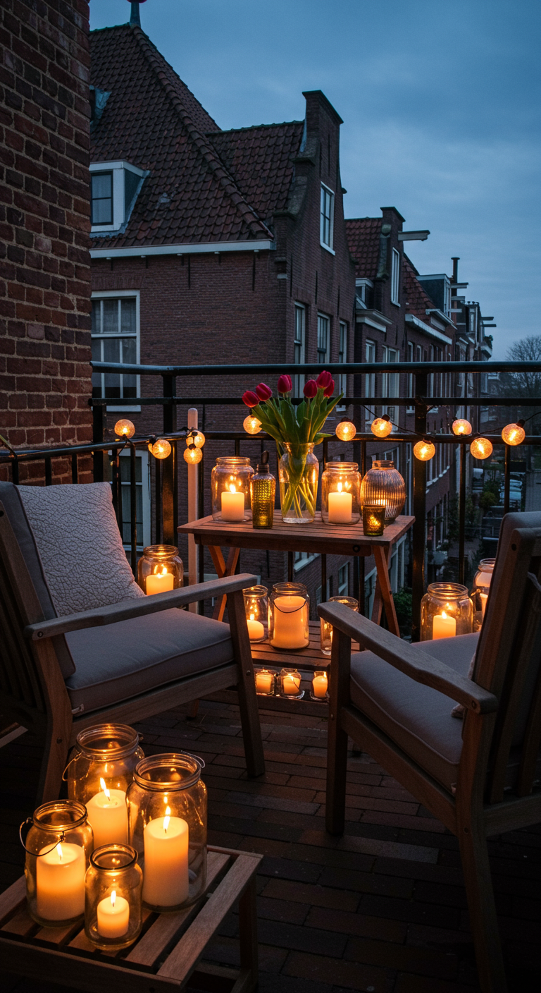 Balkon mit Holzstühlen, vielen Kerzen in Gläsern, Tulpen und Grachtenblick bei Nacht.