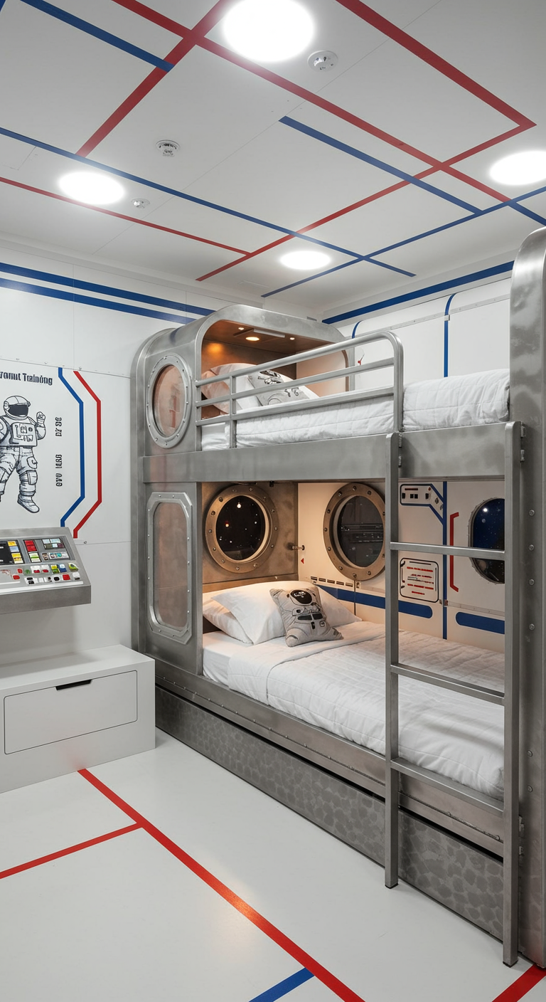 Etagenbett im Raumschiff-Look mit Bullaugen und metallischen Oberflächen.