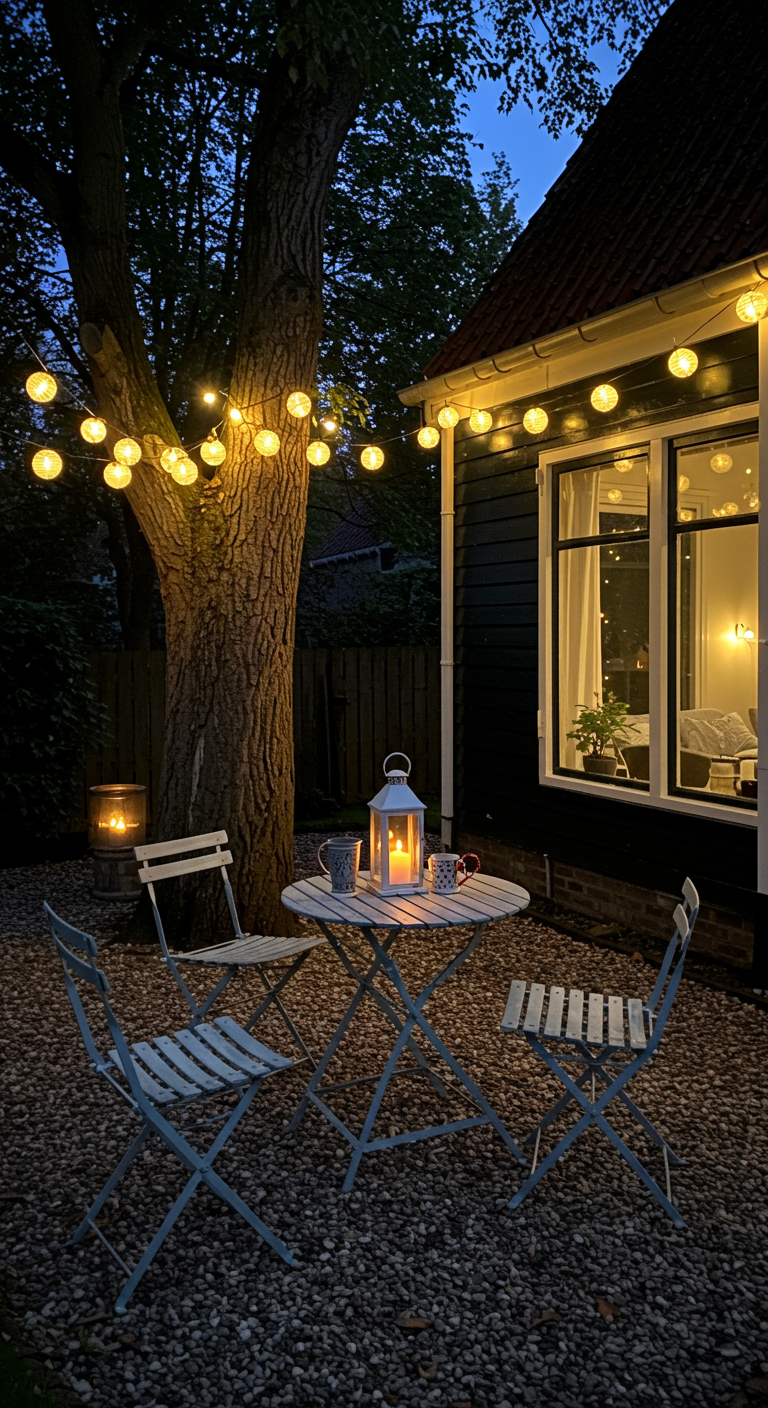 Bistro-Set auf Kies mit Lichterketten im Baum und am Haus bei Nacht.
