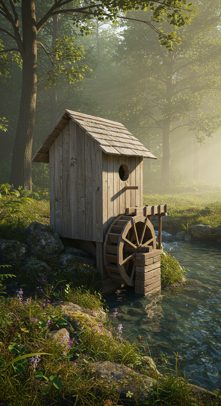 Hölzernes Wassermühlen-Vogelhaus an einem Bachlauf in einem mystischen Wald.
