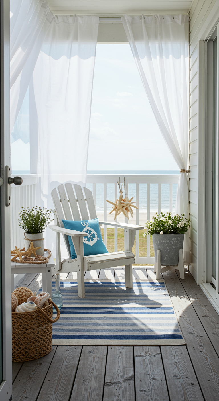 Maritimer Balkon mit weißem Holzstuhl, blau-weißem Teppich und Meerblick.