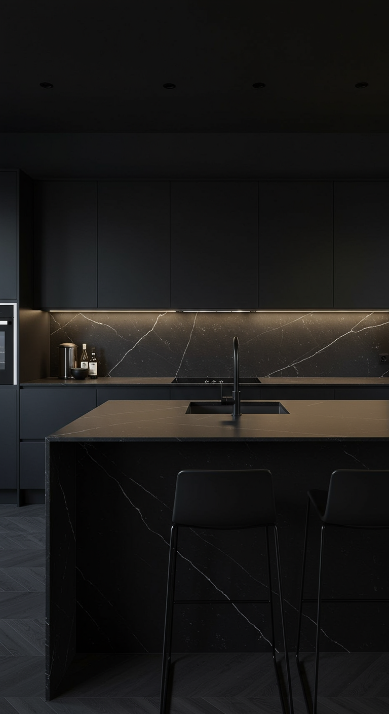 Moderne, mattschwarze Küche mit Marmor-Arbeitsplatte und integrierter Beleuchtung.