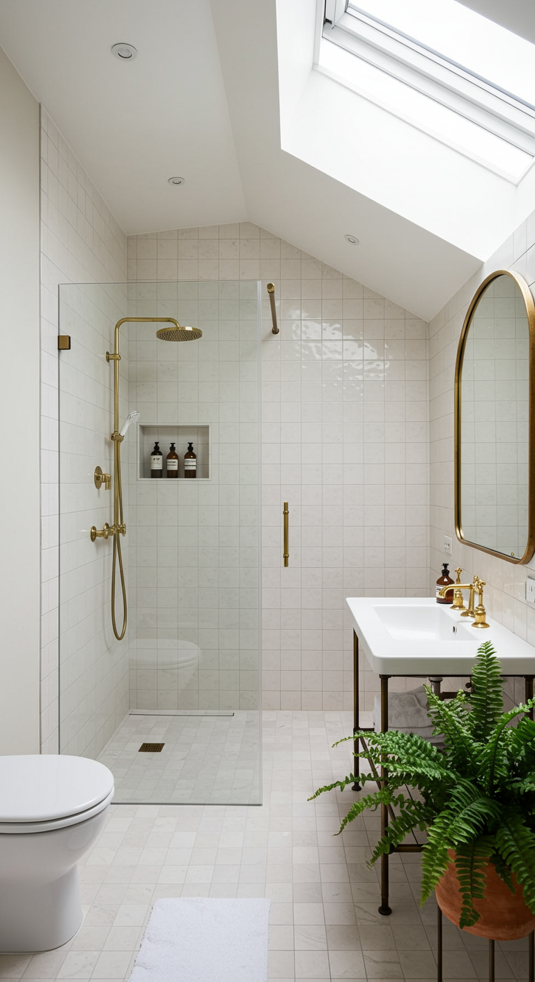 Modernes Dachgeschoss-Badezimmer mit heller Dusche, Goldarmaturen und Pflanze.