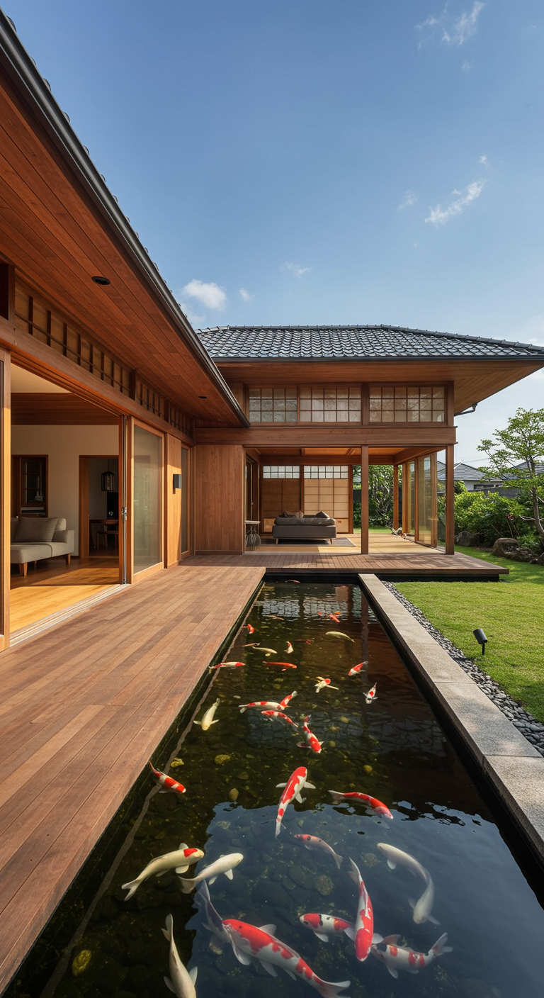 Langer, moderner Koiteich entlang einer Holzterrasse an einem japanisch inspirierten Haus.
