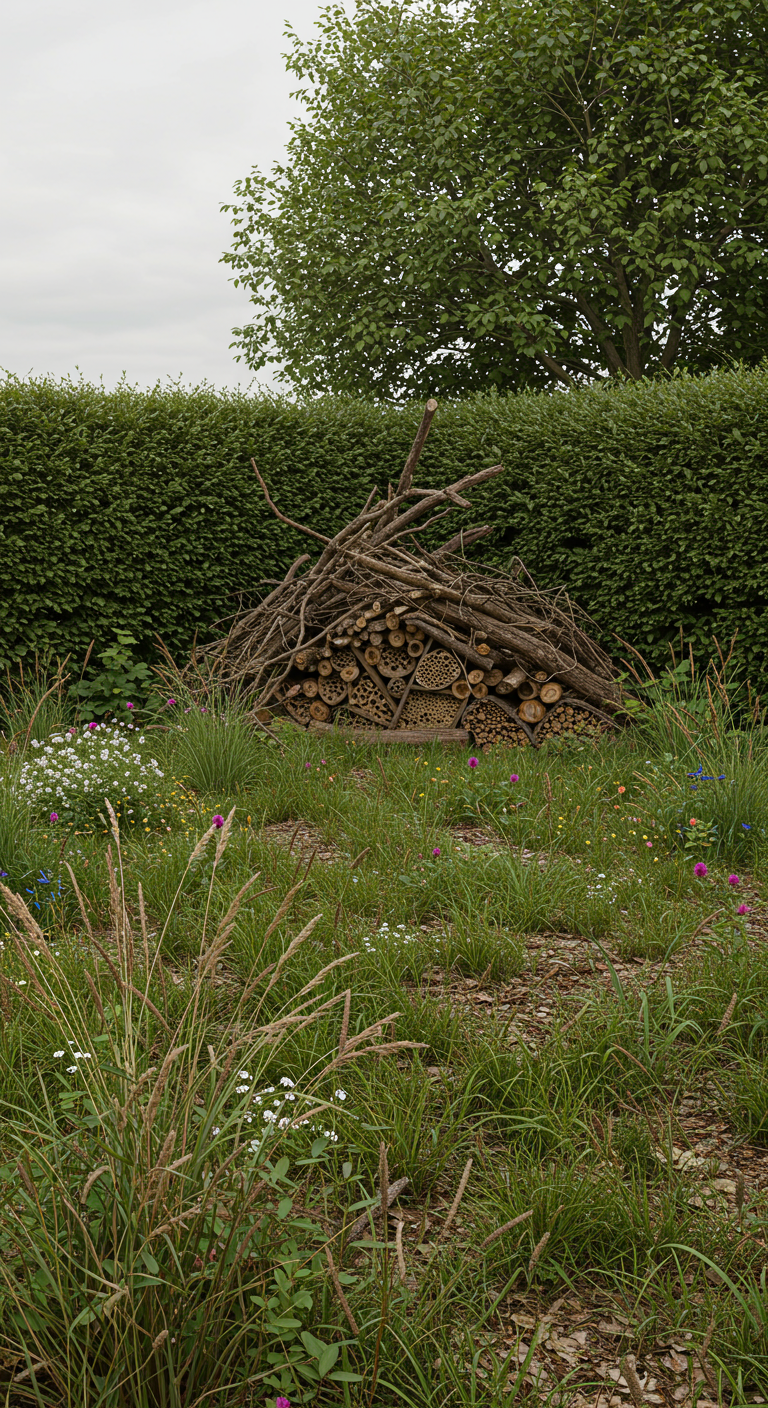 Großer Holzstapel mit integrierten Insektenhotels vor einer grünen Hecke.
