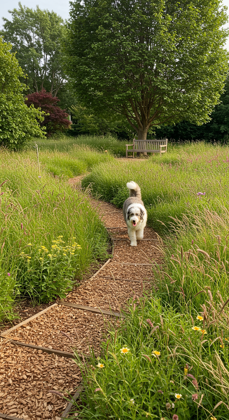 Hund läuft auf Holzmulchweg durch eine hohe Wiese mit blühenden Pflanzen