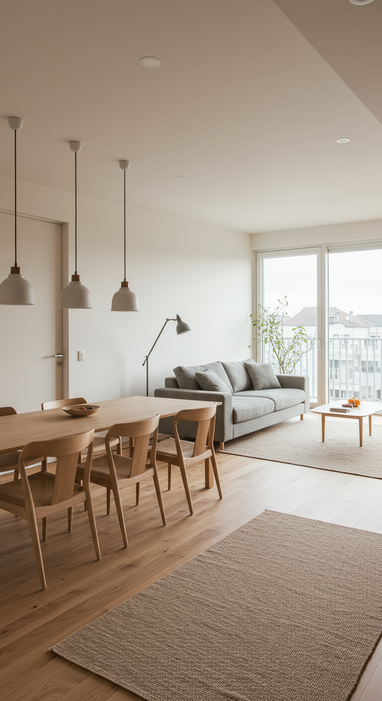 Heller Japandi Wohn-Essbereich mit Holzmöbeln und grauen Sofa.