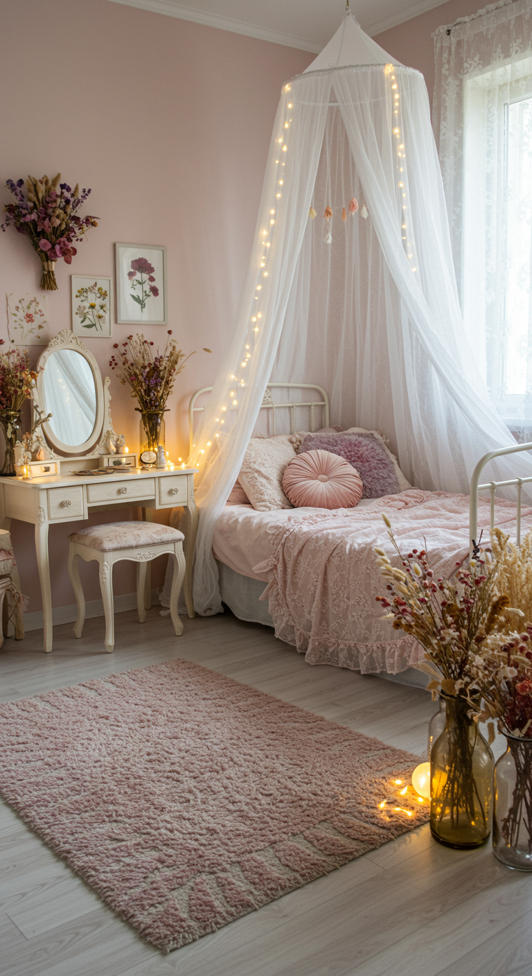Romantisches Boho-Schlafzimmer in Rosa mit Betthimmel und Lichterketten.