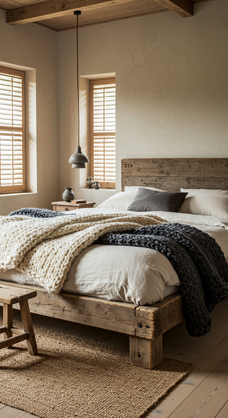 Rustikales Japandi-Schlafzimmer mit Altholzbett und Strickdecken.